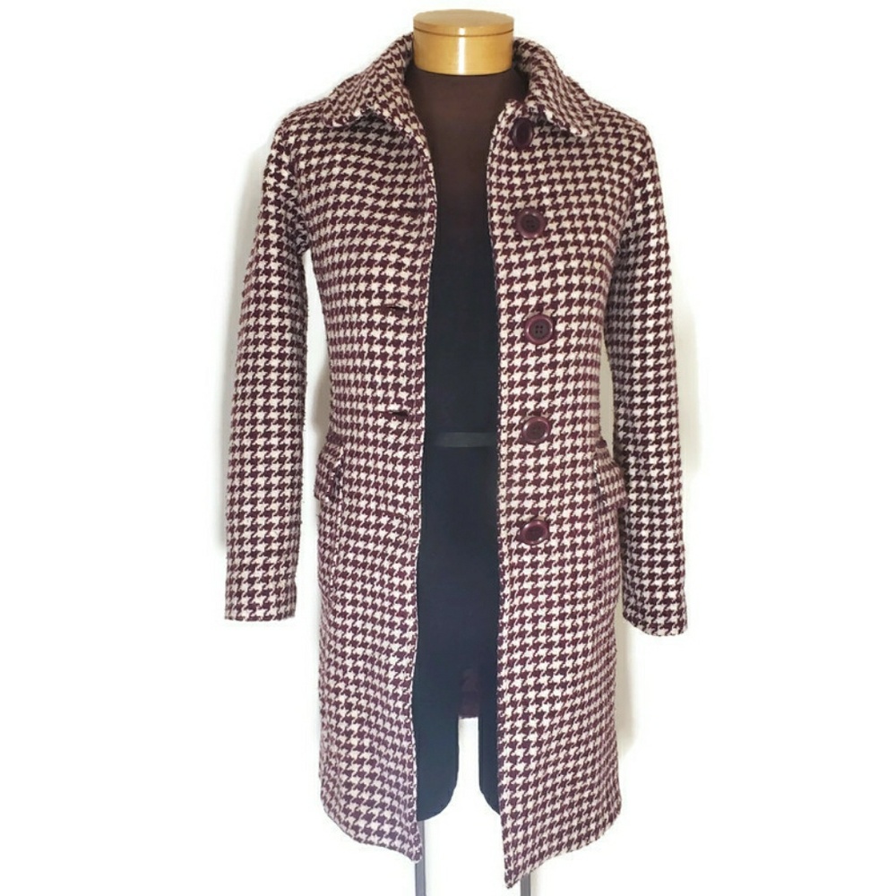 Frenchi Red & Black Houndstooth Wool Coat women's size XS